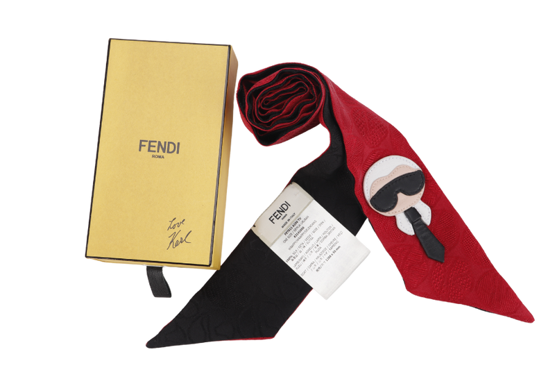 FENDI FXT 011 AIDO TU SILK WRAPPY IN RED & BLACK KARL ICON, SIZE 1200 X 50MM, WITH BOX