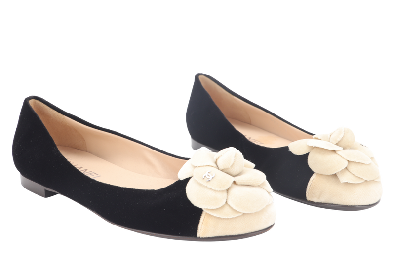 CHANEL BALLERINA FLATS BLACK VELVET SIZE 37C WITH DUST COVER