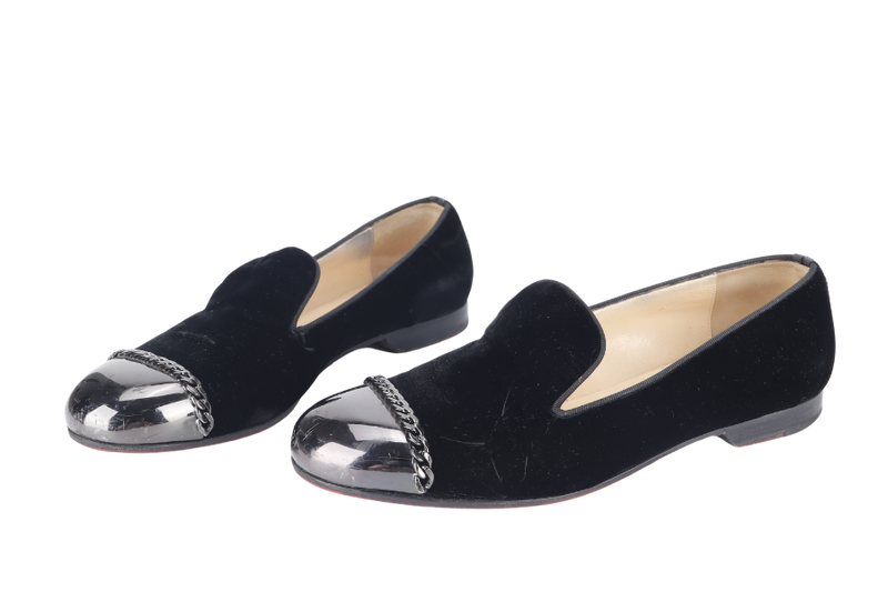 CHRISTIAN LOUBOUTIN BLACK VELVET FLAT 38.5 WITH DUST COVER