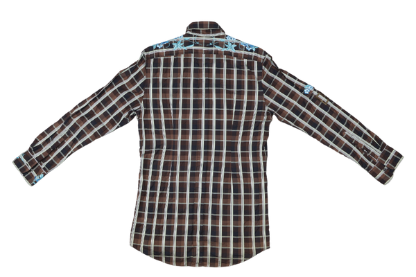 DOLCE & GABBANA BROWN CHECKED WITH BLUE FLOWER SHIRT SIZE 40