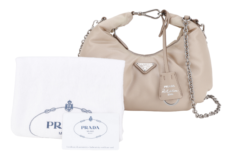 PRADA 1BH172 SAFFIANO BEIGE CHAIN SHOULDER BAG SILVER HARDWARE WITH CARD AND DUST COVER