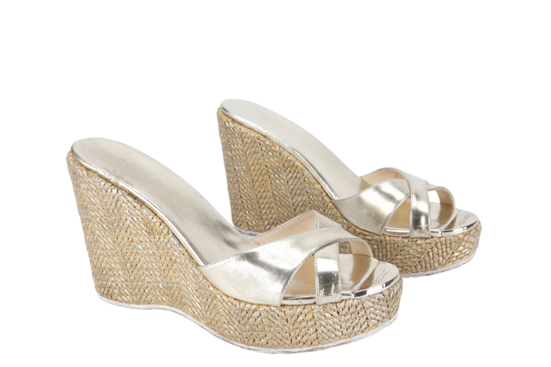 JIMMY CHOO WEDGES SANDALS LIGHT GOLD SIZE 38