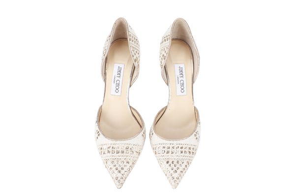 JIMMY CHOO LACE POINTED TOE PUMPS BEIGE SIZE 39.5