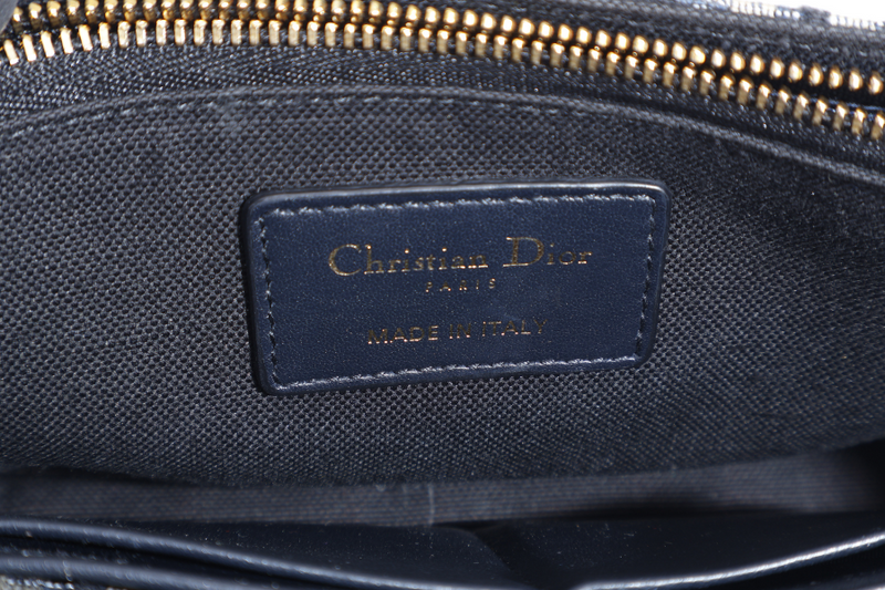 CHRISTIAN DIOR MONTAIGNE 2 IN 1/W.O.C BLUE NAVY OBLIQUE JACQUARD GOLD HARDWARE WITH CHAIN STRAPS, LEATHER STRAPS , DUST COVER AND BOX