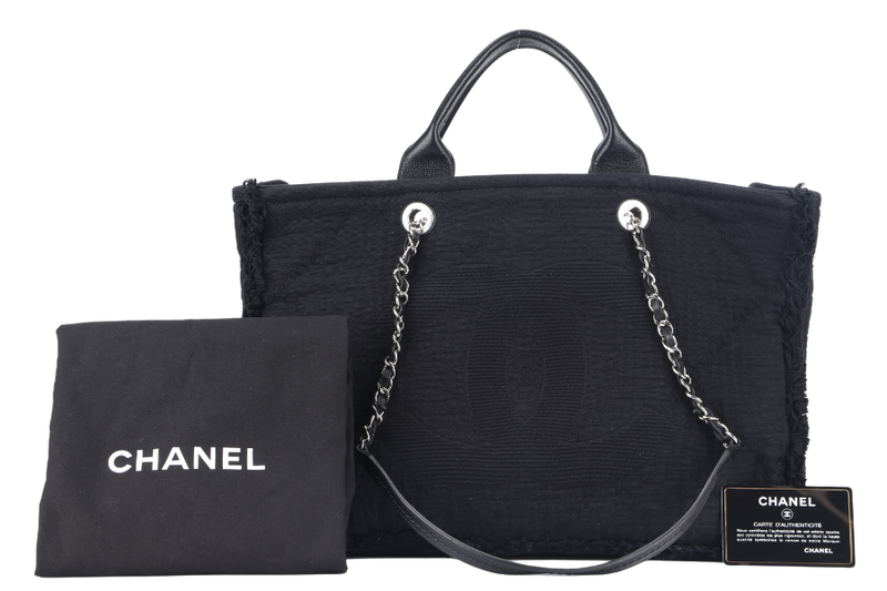 CHANEL DEAUVILLE TOTE BAG (2531xxxx) LARGE BLACK FABRIC QUILTED SILVER HARDWARE WITH CARD AND DUST COVER