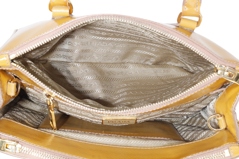 PRADA GALLERIA SMALL YELLOW GOLD SAFFIANO PATENT LEATHER GOLD HARDWARE NO DUST COVER