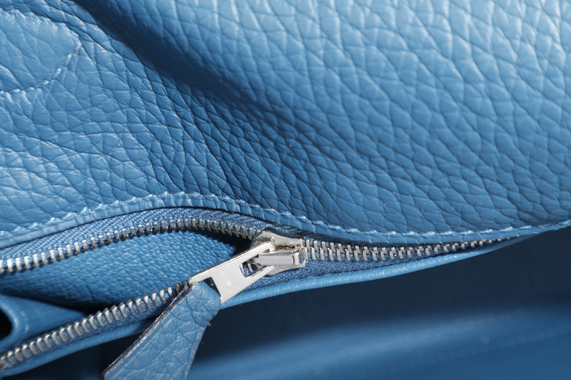 HERMES KELLY 35 BLUE COLVERT CLEMENCE LEATHER SILVER HARDWARE STAMP Q (YEAR 2013) WITH STRAPS, KEYS & LOCK , BOX AND PAPER BAG (NO DUST COVER)