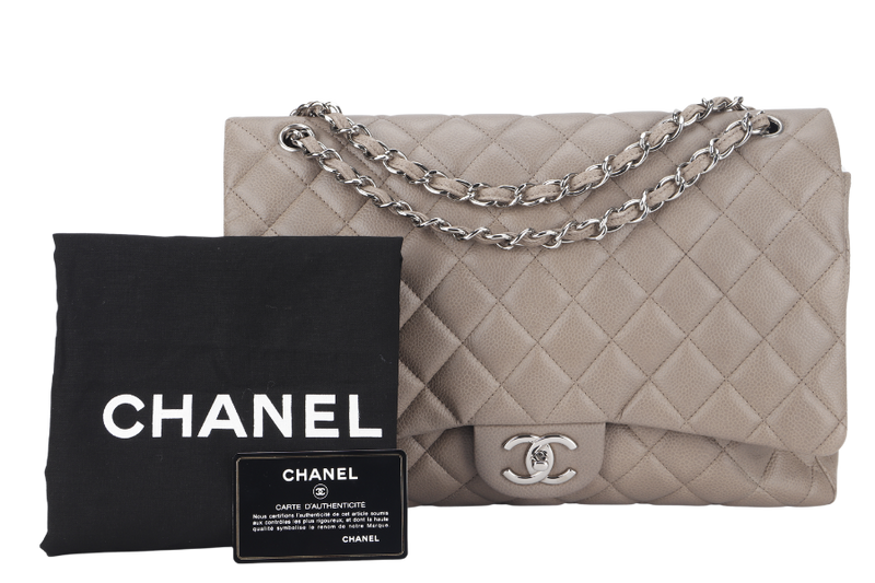 CHANEL CLASSIC DOUBLE FLAP MAXI (1444xxxx) BROWN CAVIAR LEATHER SILVER HARDWARE WITH CARD AND DUST COVER