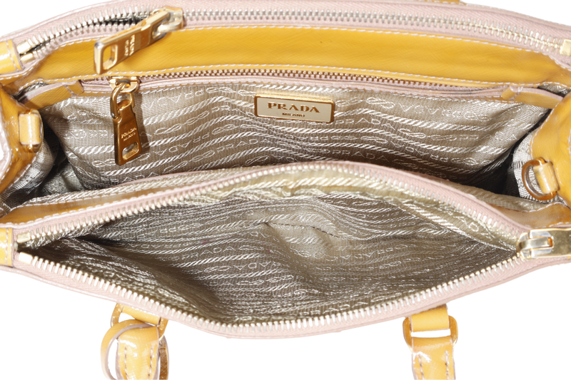 PRADA GALLERIA SMALL YELLOW GOLD SAFFIANO PATENT LEATHER GOLD HARDWARE NO DUST COVER