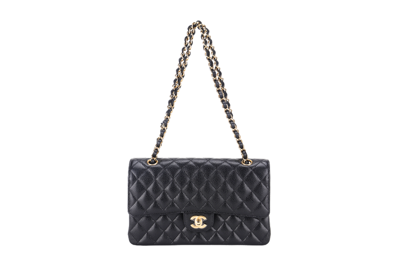 CHANEL CLASSIC FLAP (A047xxxx) MEDIUM BLACK CAVIAR GOLD HARDWARE, WITH DUST COVER & BOX