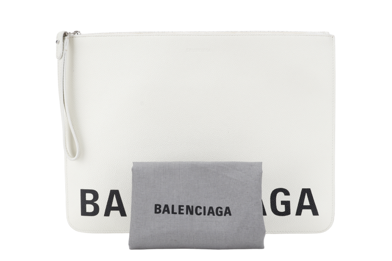 BALENCIAGA WHITE MEDIUM CLUTCH LEATHER SILVER HARDWARE WITH DUST COVER