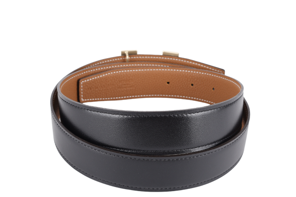 HERMES GOLD BLACK COLOR BELT FAUBOURG LAITON PERMABRASS GOLD HARDWARE WITH DUST COVER AND BOX