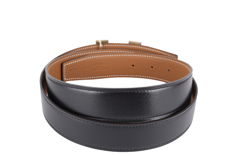 HERMES GOLD BLACK COLOR BELT FAUBOURG LAITON PERMABRASS GOLD HARDWARE WITH DUST COVER AND BOX