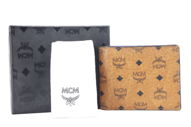MCM AREN BI FOLD WALLET BROWN-BLUE LEATHER SILVER HARDWARE WITH DUST COVER AND BOX