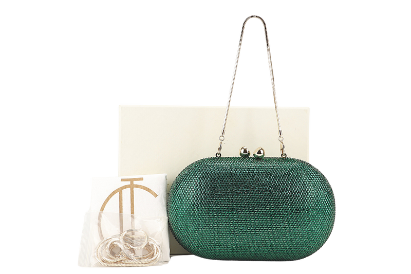 THE CHIC INITIATIVE GREEN CRYSTAL CLUTCH SILVER HARDWARE WITH DUST COVER AND BOX