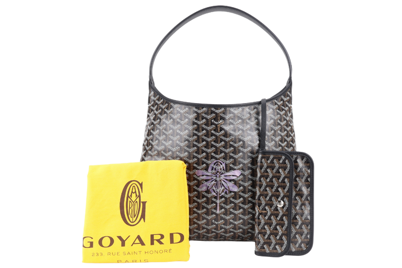 GOYARD BOHEME HOBO BLACK GOYARDINE L.E PURPLE DRAGONFLY WITH POUCH AND DUST COVER