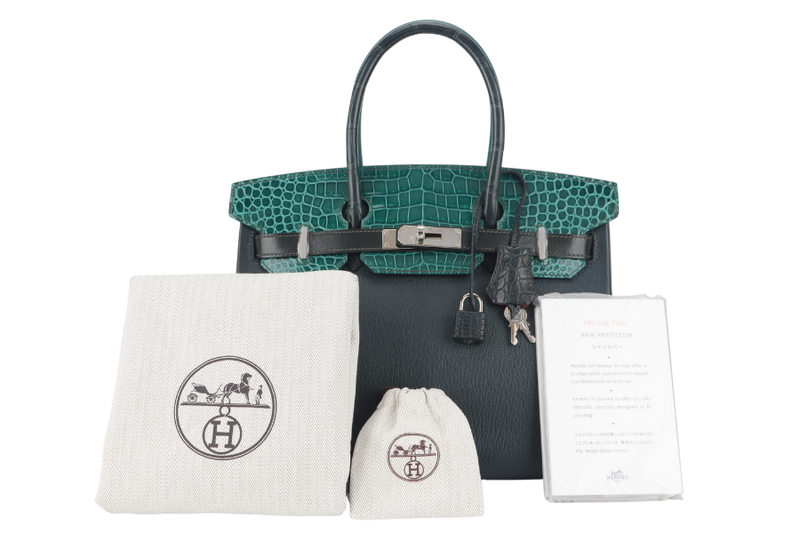 HERMES BIRKIN 30 PATCHWORK EMERALD GREEN, VERT TITIEN, VERT FONCE, MALACHITE, ROSE AZALEE INTERIOR, SILVER HARDWARE POROSUS, EPSOM, CHEVRE, CLEMENCE, BOX WITH DUST COVER