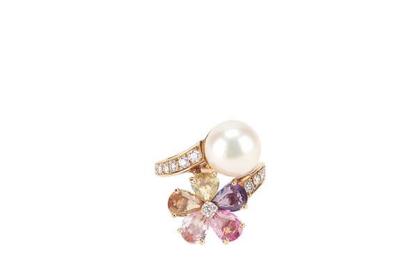 BVLGARI FLORA PEARL RING, YELLOW GOLD SAPPHIRES WITH CERT AND BOX