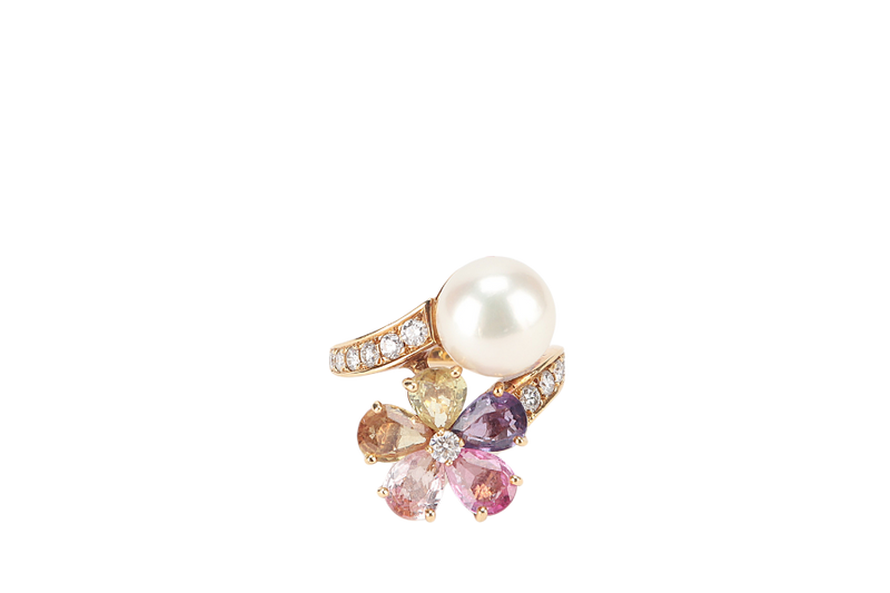 BVLGARI FLORA PEARL RING, YELLOW GOLD SAPPHIRES WITH CERT AND BOX