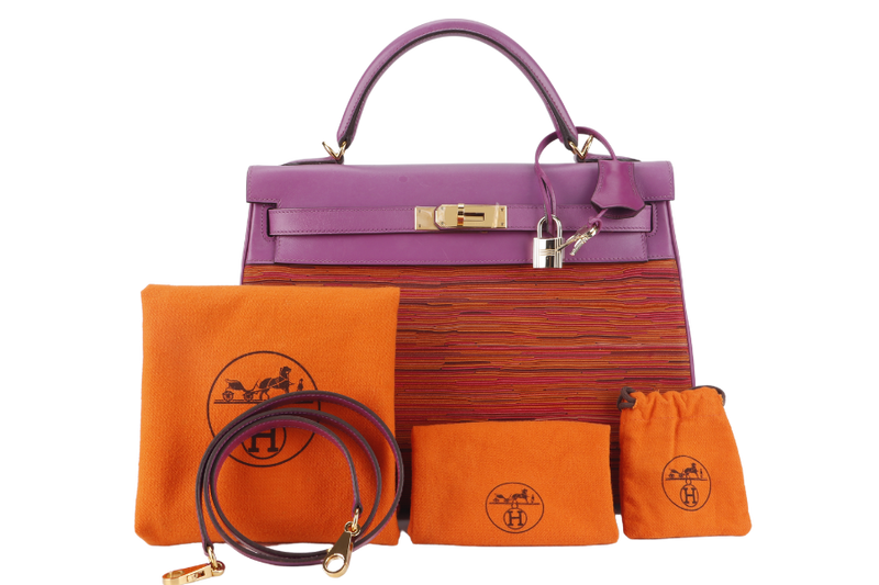 HERMES KELLY VIBRATO 32 CYCLAMEN BOX LEATHER GOLD HARDWARE STAMP I (2006) WITH STRAPS, KEYS&LOCK AND DUST COVER