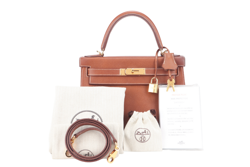 HERMES KELLY 28 FAUVE BARENIA FAUBOURG GOLD HARDWARE STAMP Z (YEAR 2021) WITH KEYS, LOCK, STRAPS, RAINCOAT AND DUST COVER