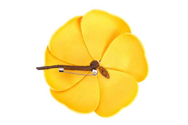 CHANEL YELLOW VELVET CAMELIA BROOCH WITH BOX