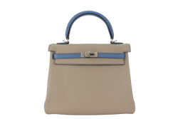 HERMES KELLY 25 HSS GRIS TOURTERELLE MYKONOS TOGO WITH BRUSHED SILVER HARDWARE STAMP P (2012) WITH LOCK&KEYS AND STRAPS