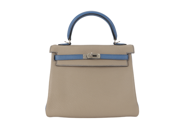 HERMES KELLY 25 HSS GRIS TOURTERELLE MYKONOS TOGO WITH BRUSHED SILVER HARDWARE STAMP P (2012) WITH LOCK&KEYS AND STRAPS