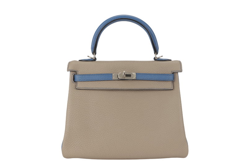 HERMES KELLY 25 HSS GRIS TOURTERELLE MYKONOS TOGO WITH BRUSHED SILVER HARDWARE STAMP P (2012) WITH LOCK&KEYS AND STRAPS