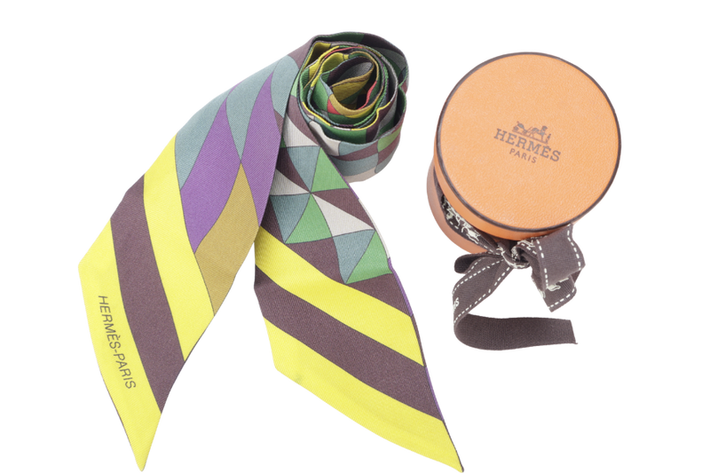 Hermes Silk Twilly Yellow, Purple, Brown & Green Stripe