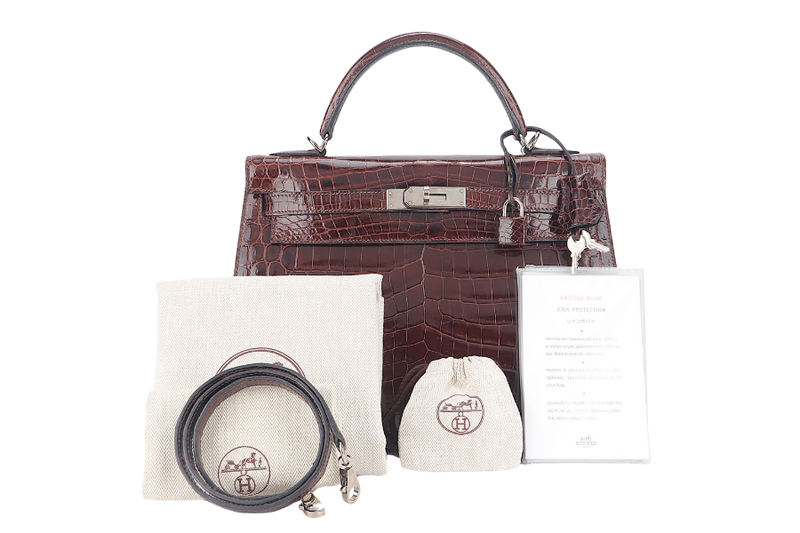 HERMES KELLY 32 SELLIER DARK BROWN SHINY NILOTICUS SILVER HARDWARE STAMP P (YEAR 2012) WITH KEYS, LOCK, STRAPS, RAINCOAT WITH DUST COVER