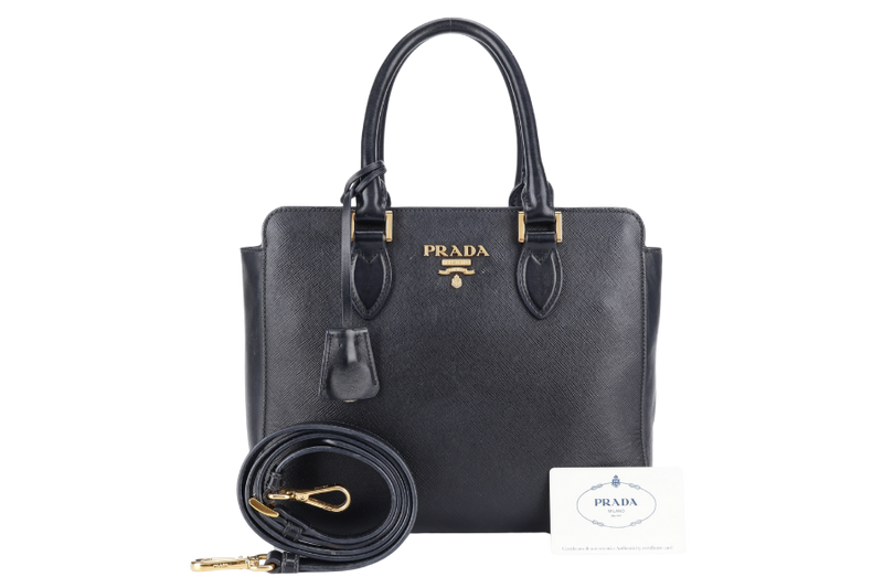 PRADA TOP HANDLE CROSSBODY SMALL BLACK SAFFIANO LEATHER GOLD HARDWRE WITH STRAPS AND CARD
