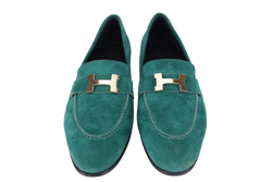 HERMES PARIS LOAFERS SHOES GREEN NUBUCK SIZE 38 WITH BOX