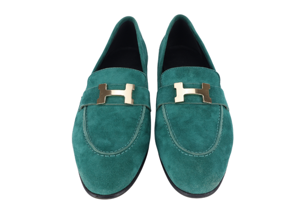 HERMES PARIS LOAFERS SHOES GREEN NUBUCK SIZE 38 WITH BOX