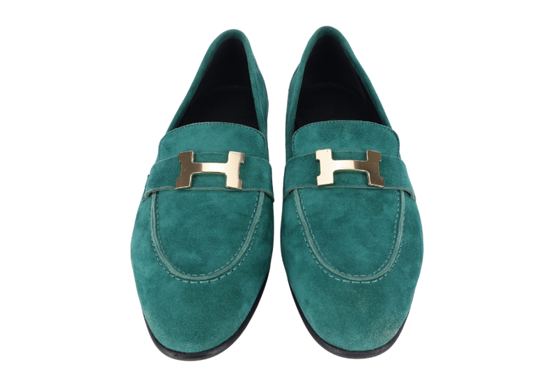 HERMES PARIS LOAFERS SHOES GREEN NUBUCK SIZE 38 WITH BOX