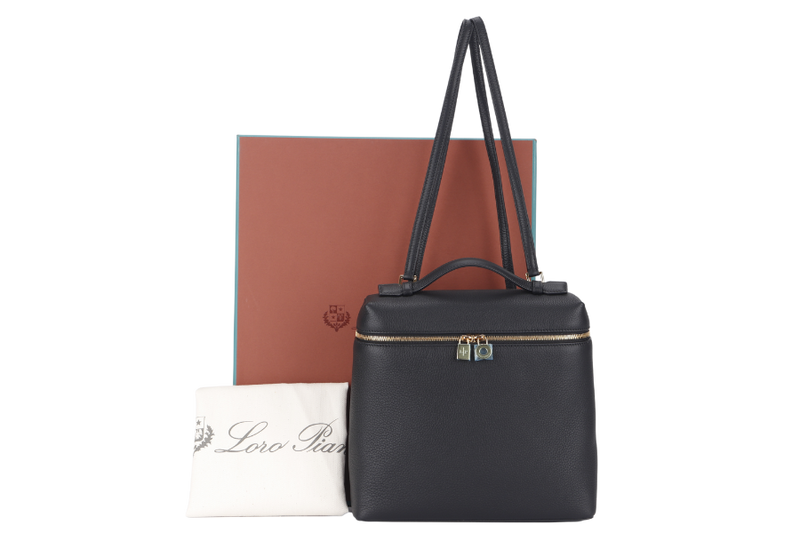 LORO PIANA EXTRA POCKET BACKPACK BLACK GRAINED CALFSKIN GOLD HARDWARE WITH DUST COVER AND BOX