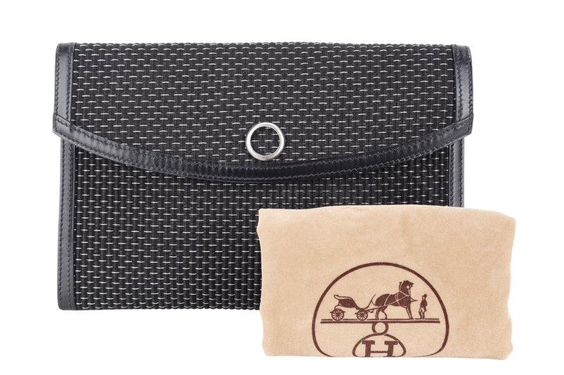 HERMES BLACK CRINOLINE HORSE HAIR RIO CLUTCH SILVER HARDWARE STAMP G SQUARE (YEAR 2003) WITH DUST COVER