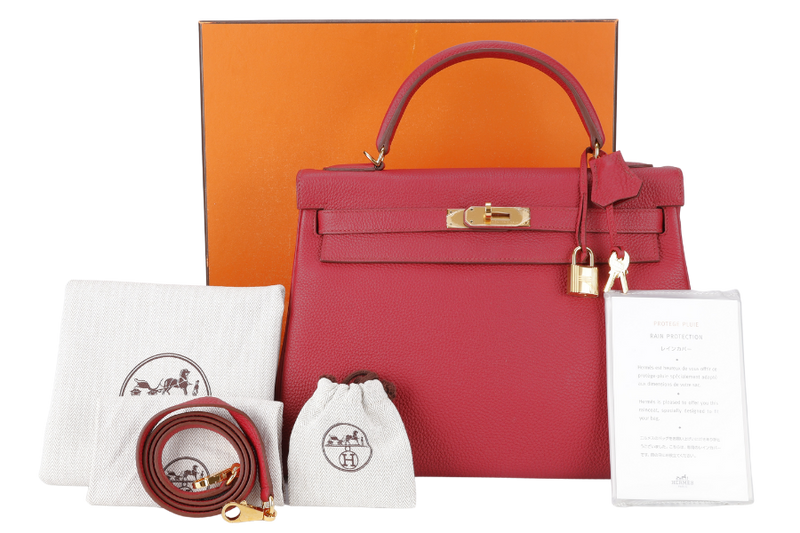 HERMES KELLY 32 RUBIS TOGO GOLD HARDWARE STAMP T (2015) WITH KEYS & LOCK, RAINCOAT, STRAPS , DUST COVER AND BOX