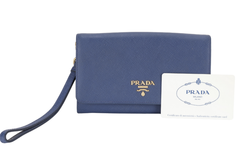 PRADA WRISTLET WALLET DARK BLUE SAFFIANO LEATHER GOLD HARDWARE