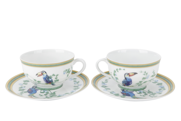 HERMES TOUCANS DÉCOR PORCELAIN TEA CUP AND SAUCER SET OF 2 WITH BOX