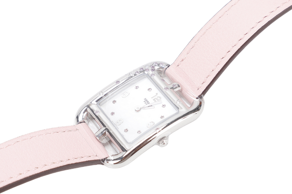 HERMES CAPE COD CC1.233 MOP DIAL DIAMOND , SAPPHIRE SETTINGS PINK LEATHER DOUBLE TOUR BRACELET , QUARTZ S-N 3437330, DATED 2020 W-BOX & CERT