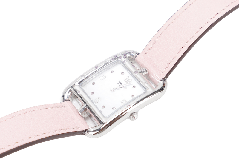 HERMES CAPE COD CC1.233 MOP DIAL DIAMOND , SAPPHIRE SETTINGS PINK LEATHER DOUBLE TOUR BRACELET , QUARTZ S-N 3437330, DATED 2020 W-BOX & CERT