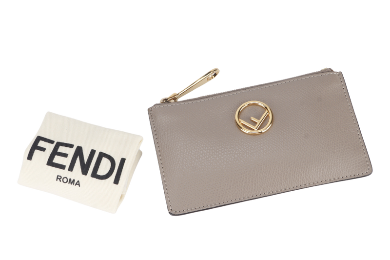 FENDI GREY LEATHER ZIP CARD HOLDER (8M0348) GOLD HARDWARE WITH DUST COVER