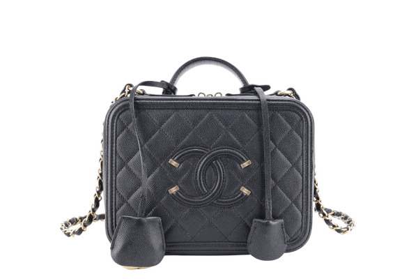 CHANEL FILIGREE VANITY CASE (2829xxxx) QUILTED BLACK MEDIUM CAVIAR LEATHER GOLD HARDWARE NO CARD WITH LOCK&KEYS AND DUST COVER