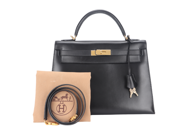 HERMES KELLY 32 SELLIER STAMP E (YEAR 2001) BLACK BOX LEATHER GOLD HARDWARE WITH KEYS, STRAPS AND DUST COVER (NO LOCK)
