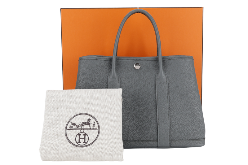 HERMES GARDEN PARTY TPM 30CM GRIS MEYER STAMP W(2024) NEGONDA LEATHER PALLADIUM HARDWARE WITH DUST COVER AND BOX