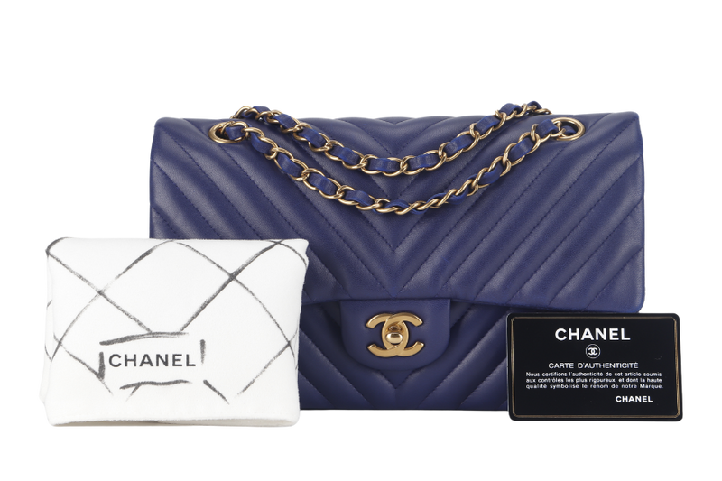 CHANEL CLASSIC FLAP CHEVRON (2117xxxx) DARK BLUE LAMBSKIN GOLD HARDWARE MEDIUM SIZE WITH CARD AND DUST COVER