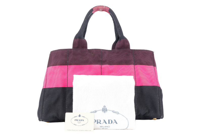 PRADA CANAPA RIGHE B1872B PINK AND DARK BROWN CANVAS TOTE BAG WITH CARD AND DUST COVER
