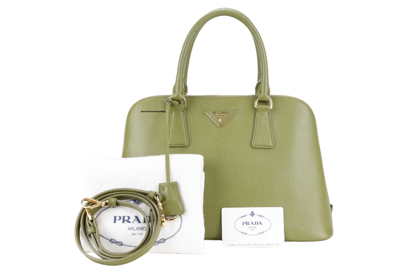 PRADA LIME GREEN SAFFIANO LUX LEATHER (BL0837) PROMENADE SATCHEL GOLD HARDWARE WITH STRAPS ,CARD AND DUST COVER