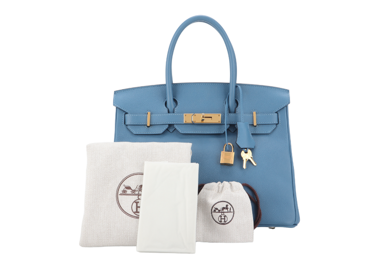 HERMES BIRKIN 30 BLUE PARADISE EPSOM GOLD HARDWARE STAMP C (YEAR 2018) WITH KEYS, LOCK, RAINCOAT AND DUST COVER